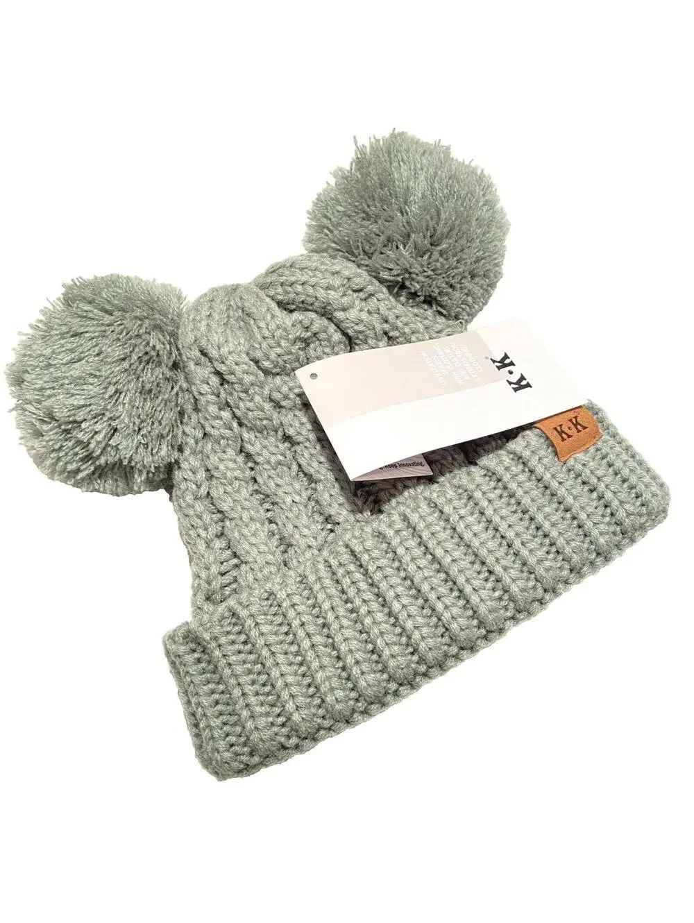 Kids Winter Hat Grey w Pom Pom Ears Cute Thick Warm Knitted Winter Beanie NEW